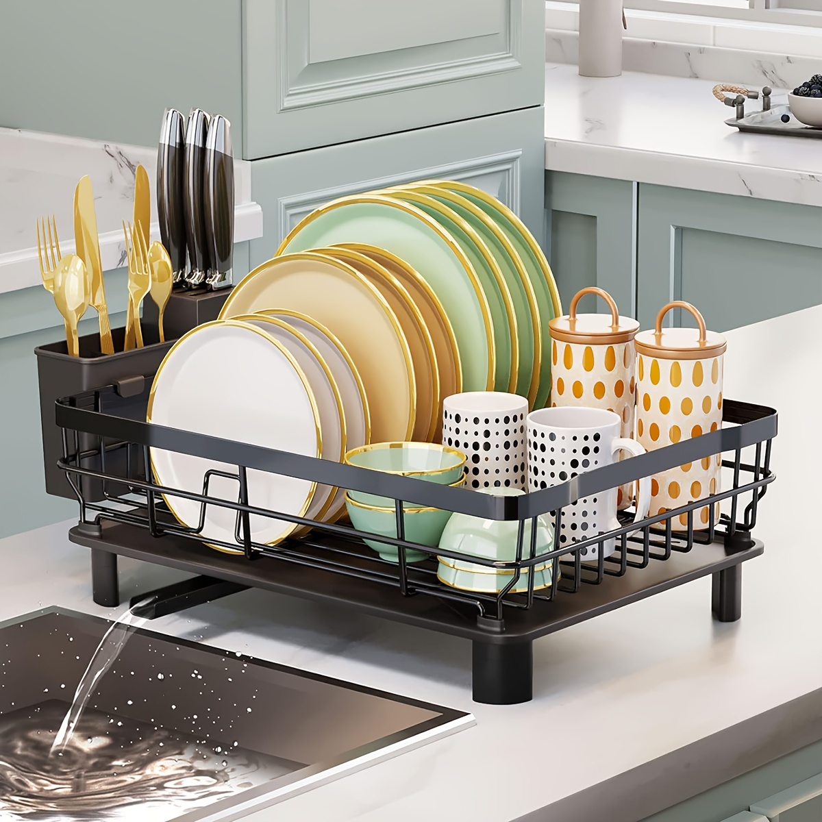 

Single Layer Bowl And Dish Drying Rack, Sink Drain With Drip Plate, Tableware Holder, Adjustable Nozzle