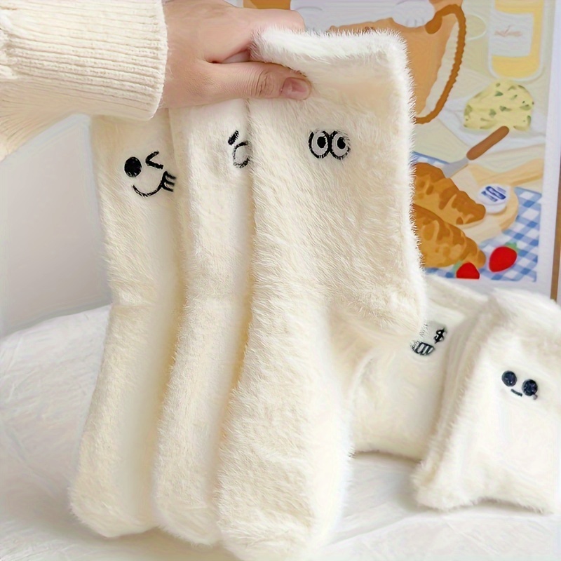 

3 Pairs 's , Thickened Fleece, Embroidered , Mid- , & , , Knitted