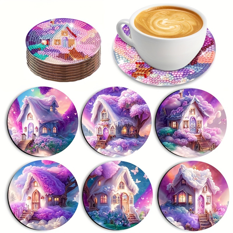 

6-piece Set Colorful Cottage Patterns Diy Coasters Kit, Acrylic Handmade Creative Mosaic Cup Mats, Art Decor Gift Without Holder