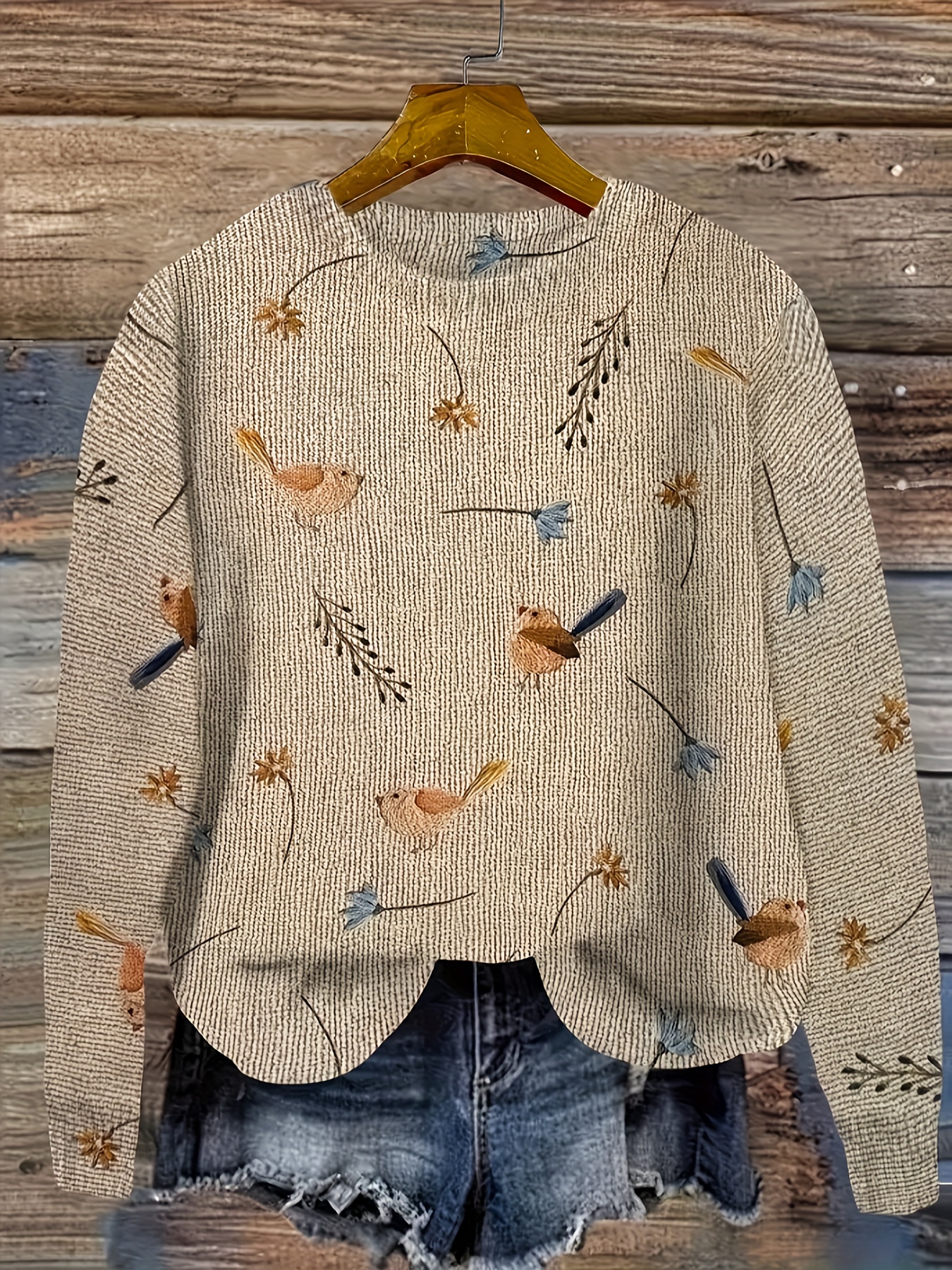 elegant crew neck bird print pullover sweater women 100 Temu