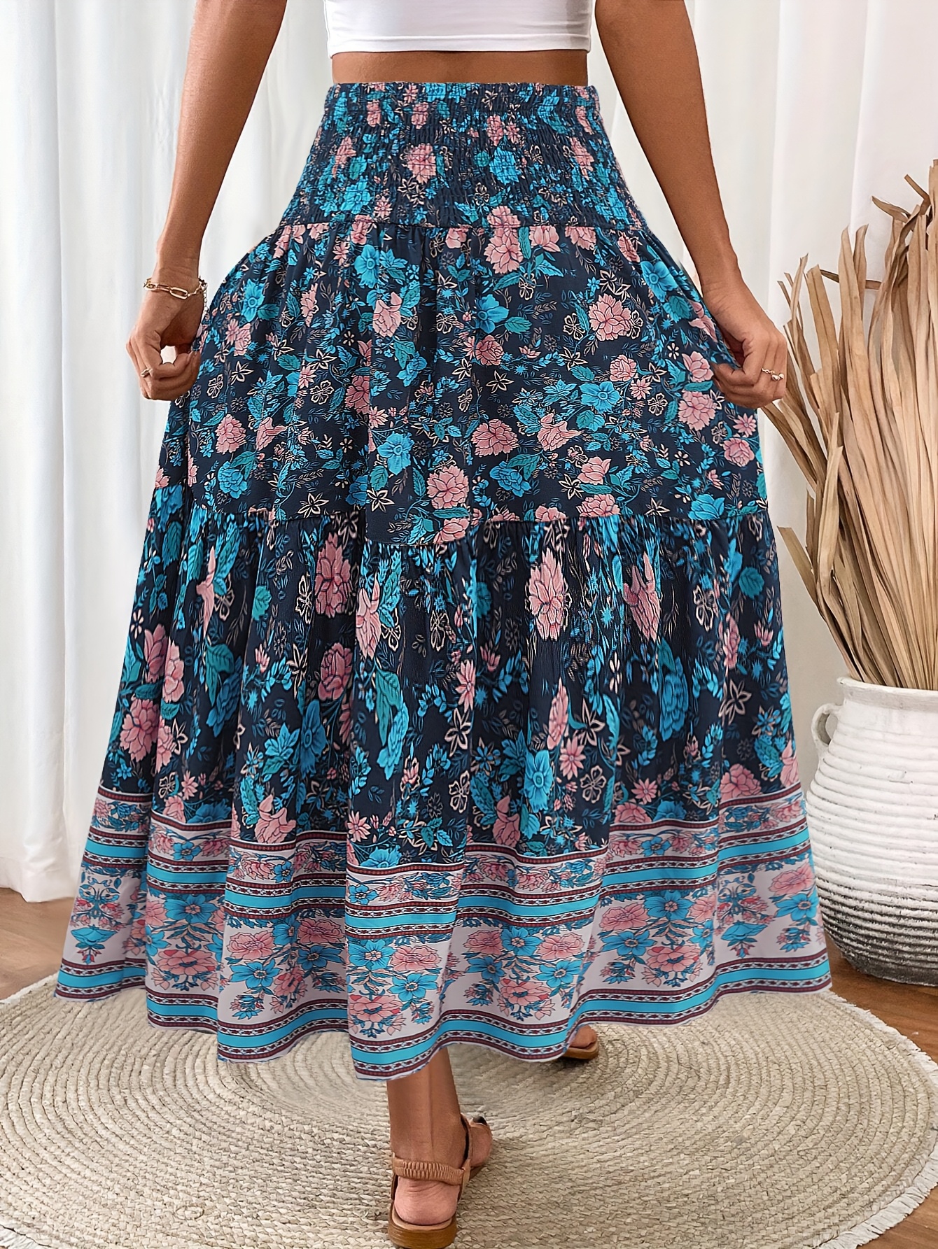 women's floral print bohemian skirt drawstring waist Temu Pakistan
