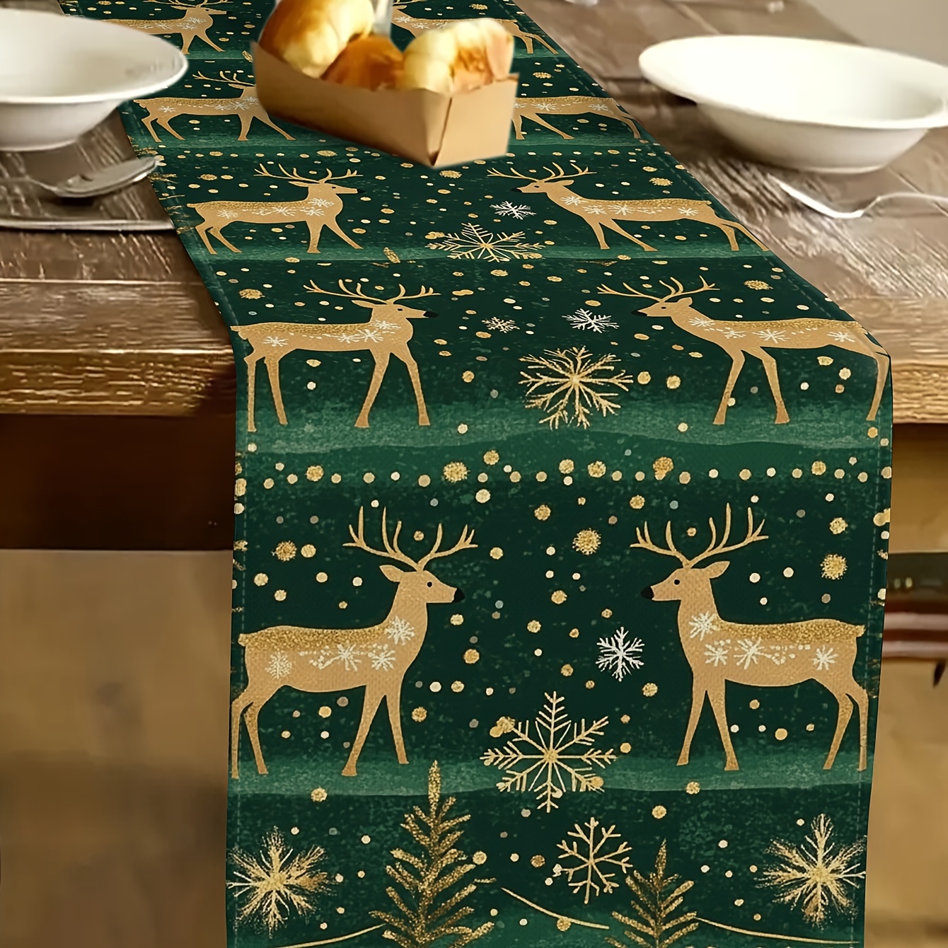 

1pc Vintage Golden Reindeer & Snowflake Print Christmas Table Runner - , Rectangular Holiday Decor For Dining & Kitchen