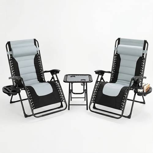 zero gravity sun loungers set of 3 outdoor foldable recliner chair with cup holder adjustable backrest extra wide design removable headrest for camping 160d x 79w x 74h cm grey blue