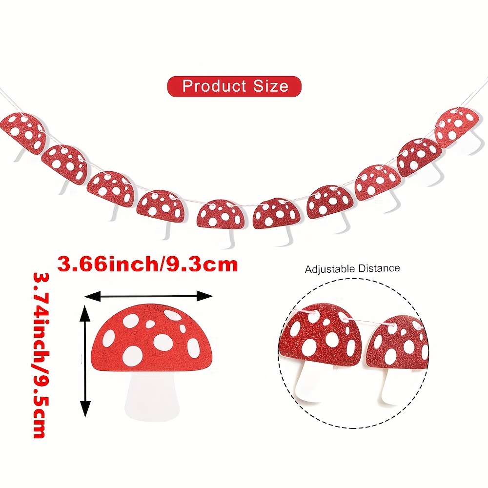 Image of Fairy Tale Party Decor | Red Glitter Mushroom Garland Banner - Woodland Theme Birthday & Event Decoration, Mushroom-shaped Tags, Indoor Celebrations And Photo Backdrops, Fairy Party Decoration