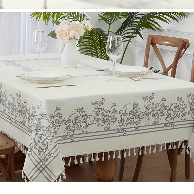 

1pc Table Cloth Rectangle Table, Gray Paisley Floral Tablecloth Waterproof Stain Resistant Tablecloth, Polyester Fibre, Linen Wrinkle Free Tablecloth Washable Dining Table Cover With Tassel.