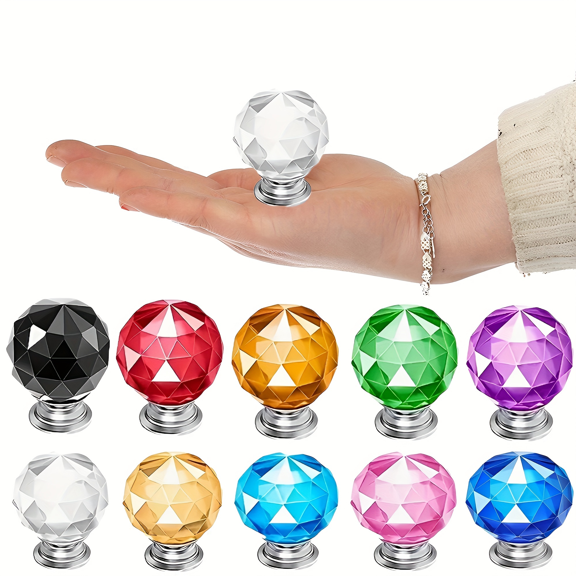 

10 Pcs Crystal Drawer Knobs: Polished Metal And Crystal Glass Handles For Kitchen And Bathroom Cabinets