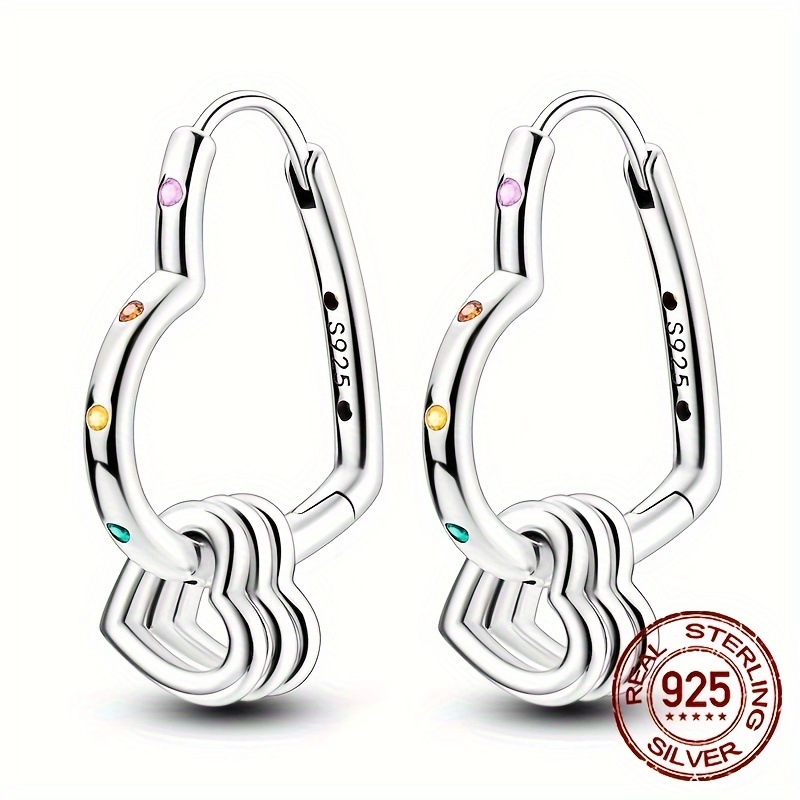 

1 Pair Of 925 Sterling Silvery Hit Love Color Multi-ring Love Earrings Hypoallergenic Earrings Sparkly Zirconia Elegant Female Girl Gift Wedding Party Jewelry