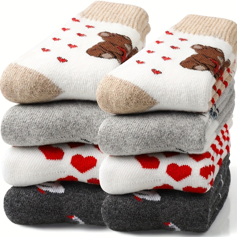 Image of 4 Pairs Women's Cute Bear Heart-shaped Thickened Crew Socks For Autumn And Winter Plush Mid-calf Socks Terry Loop Sleep Home Socks Cute Animal Pattern Warm Floor Socks Soft And Anti-slip Sock Top