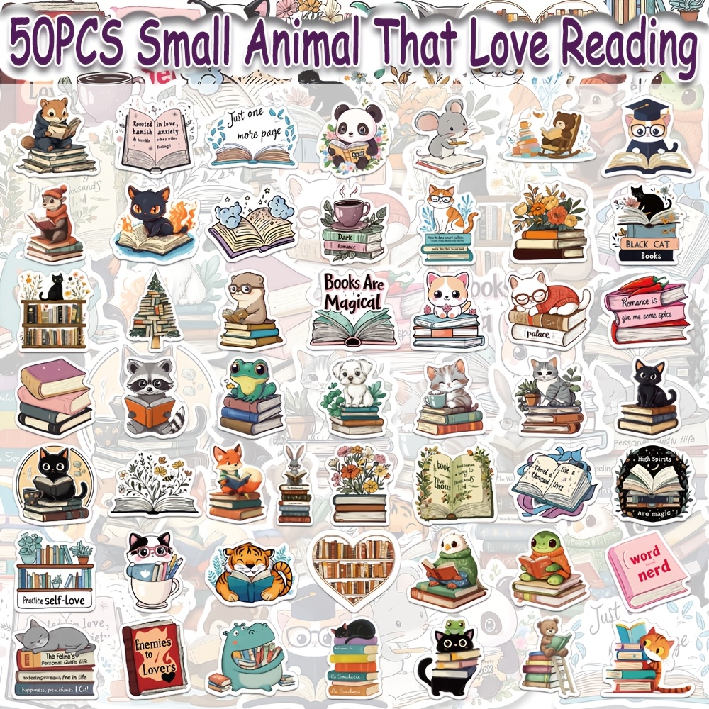 Image of 50pcs Cute Reading Animals Cartoon Reading Animals Sticker Pvc Creative Decoration Book Stationery Cup Phone Case Tablet Gift Sticker