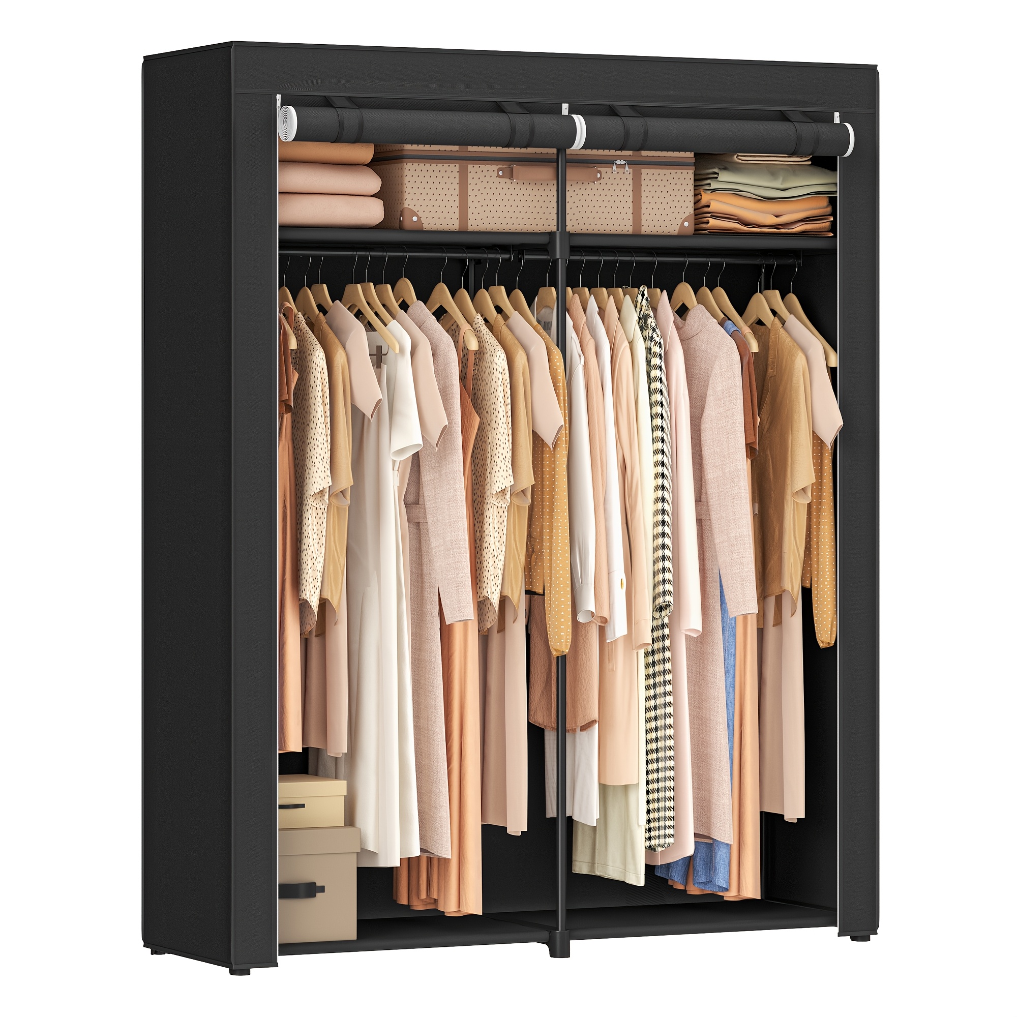 TEMU Armoire à vêtements, penderie avec 2 , rangement pour vêtements, armoire en tissu, portant à vêtements, pliable, noir, 140 x 174 cm, penderies