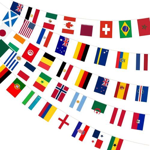 flaggen-girlande mit 48 , hängebanner mit 48 ländern, partydekoration für spieltage, deko für bar, , garten, straße, sport-partys, fußball-party-deko, deko für fußballspieltage 2026