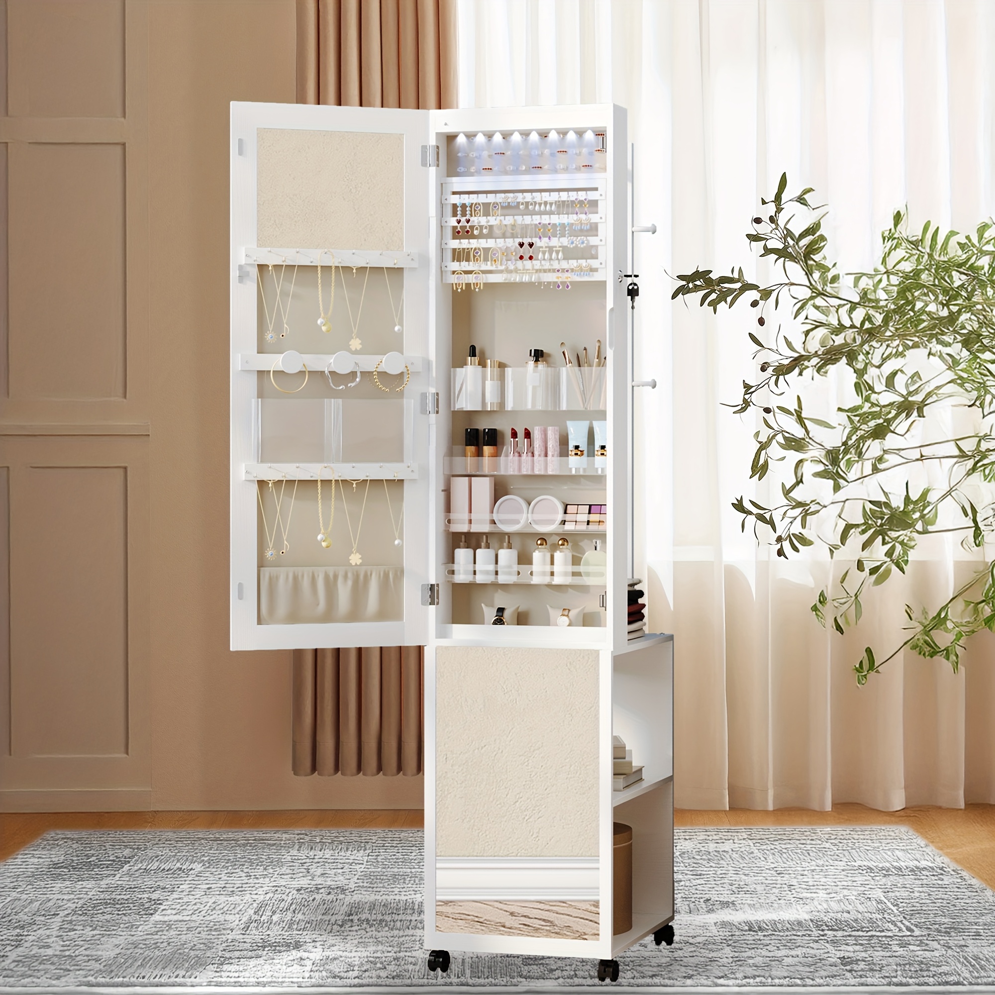 schmuckaufbewahrung, schmuckschrank mit spiegel, stehender schmuck organizer mit kleiderständer, drei ablagen und vier kleiderbügeln, erhältlich in weiß und schwarz oder weiß und beige, schmuckkästen | Mit Temu Geld
