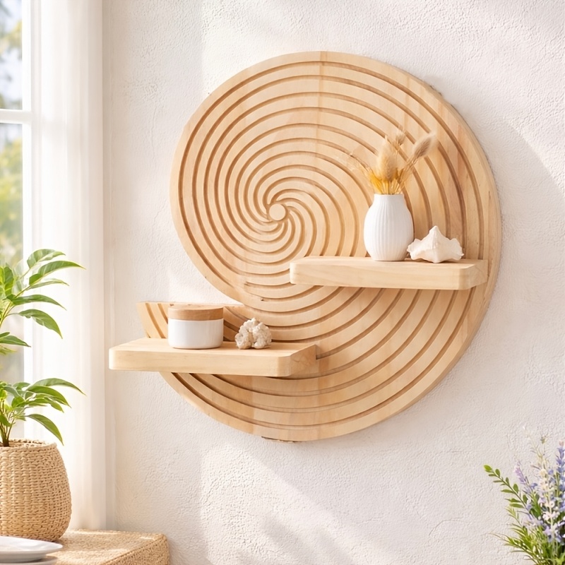 Circular Spiral Wooden Wall Shelf – Natural Wood Floating Shelf with Bohemian Geometric Design, Ideal for Bathroom, Living Room, Bedroom Decor – Space-Saving Storage Rack, Unique Wall Art Decor