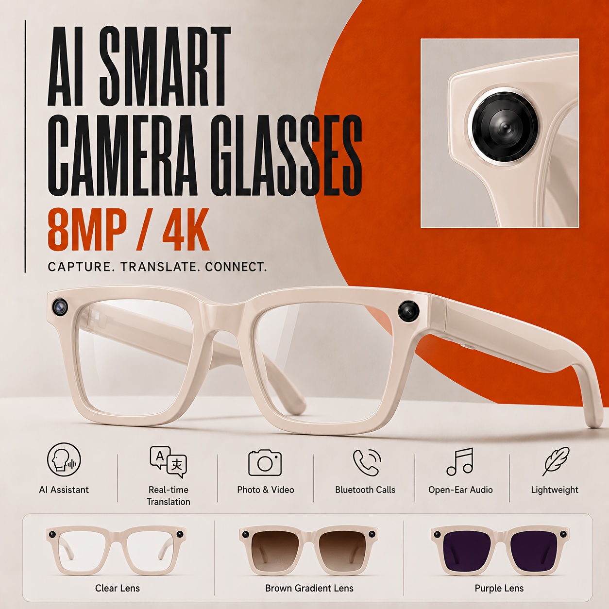 TEMU Onsetgizmo Ai Smart Glasses For Men Women, 8mp Glasses With 4k Video Recording, Photo Capture, Real-time Translation, Assistant, Open- Audio,