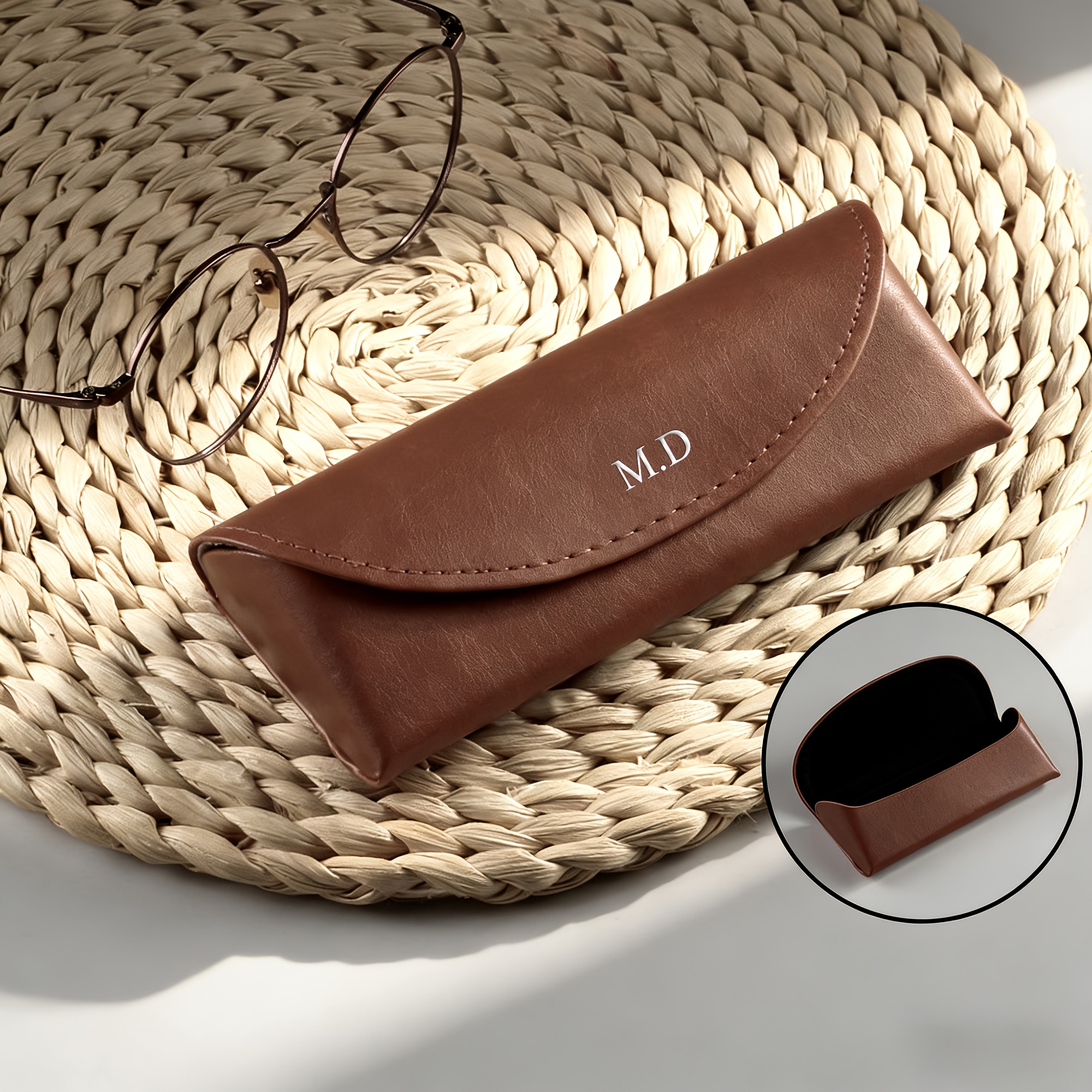 TEMU Custom Personalized Diy Name/letter Composite Pu Retro Glasses Case, Engravable With Silvery Carved Letters, Durable And Scratch-resistant