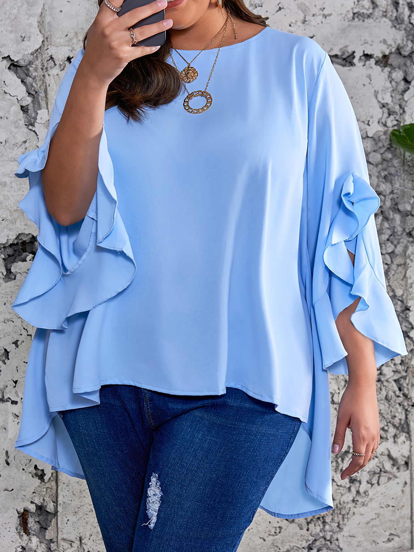 Plus Size Solid Ruffle Sleeve Blouse, Casual Crew Neck Irregular Hem Blouse For Spring, Women's Plus Size?Clothing
