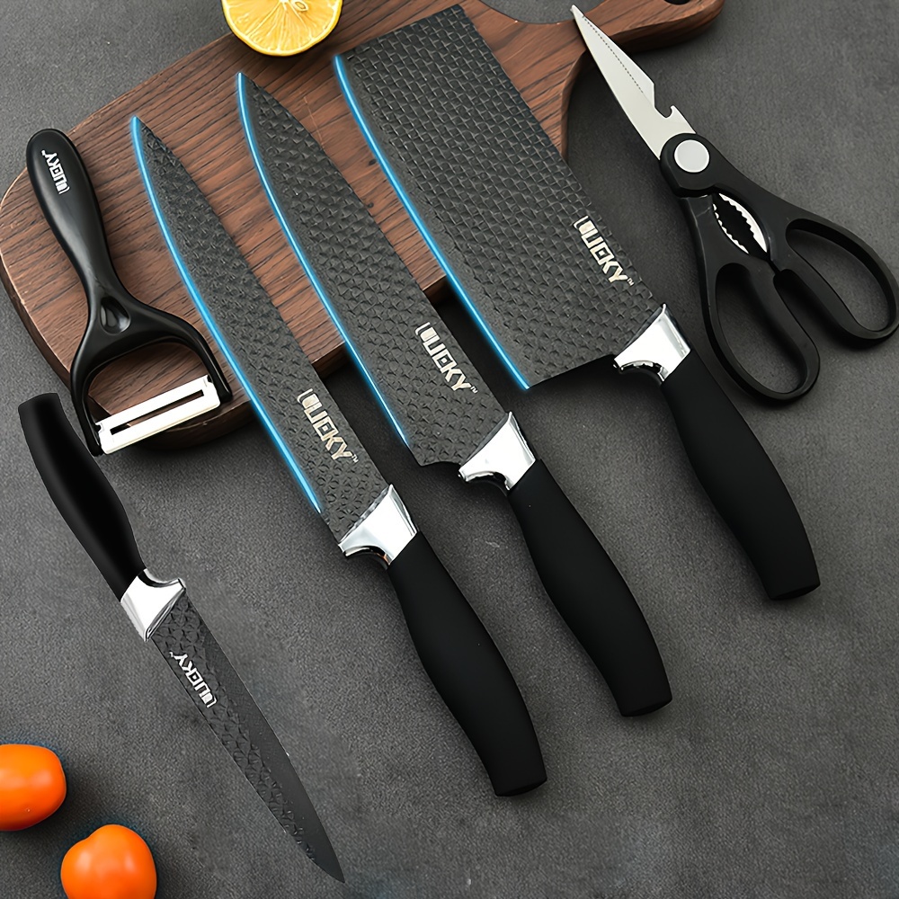 Ensemble de 6 couteaux de cuisine, chef professionnel, couperet, trancheur, couteau utilitaire, éplucheur et ciseaux en acier inoxydable à haute teneur en carbone, ultra-aiguisés avec manche ergonomique en bois antiadhésif, ensemble de couteaux de cuisine pour la maison, les voyages, les légumes, la viande, les fruits avec coffret cadeau