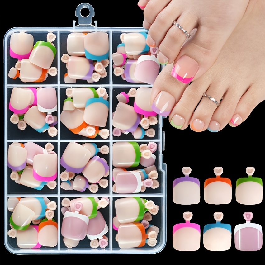 E-shop 144 Stück/Box Druck-Zehennagel-Set in den Farben Fuchsia, Pink, Lila, Blau, Orange Grün. Glänzendes Finish, vollständig bedeckende, abnehmbare