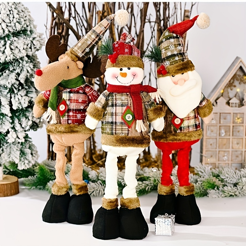 

3 Pcs Festive Christmas Decorations: Elegant Plaid Santa, Snowman, And Moose Figurines - Perfect For Home, Hotel, Or Shop Window Display - No Electricity Required