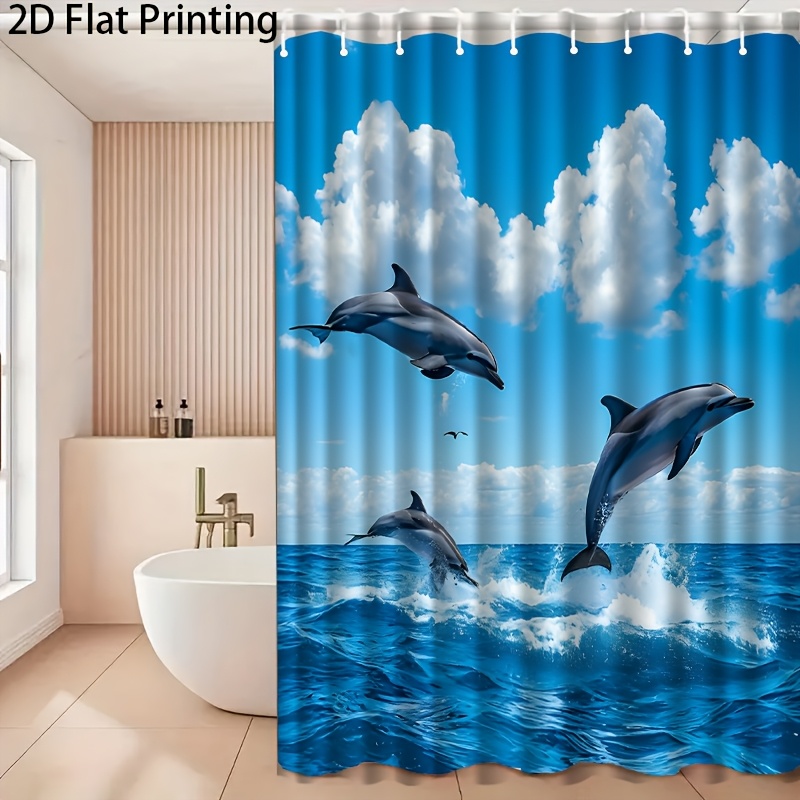 Dolphins Leaping from Ocean Pattern Shower Curtain with Hooks