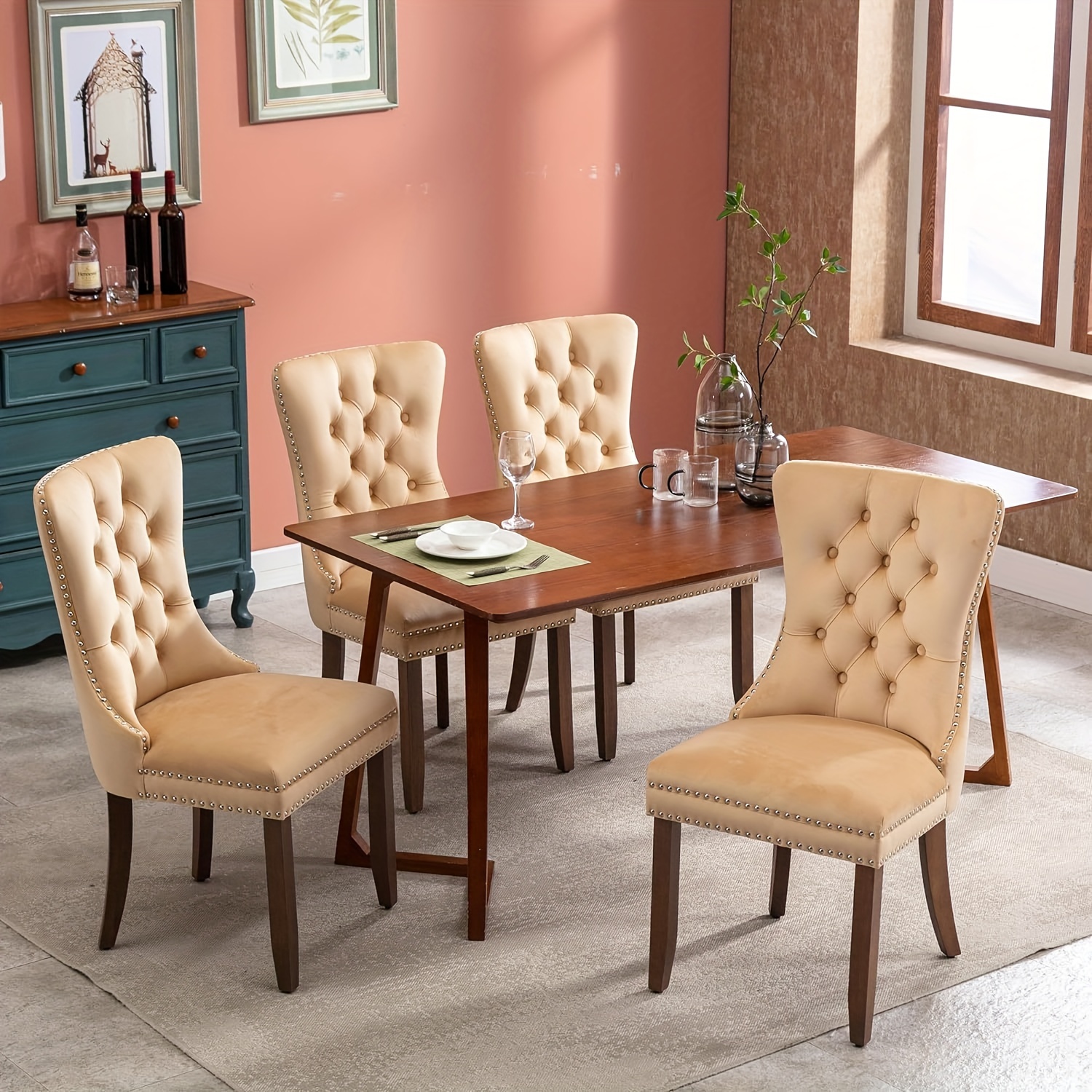 Dining Chairs Set of 2, Solid Wood Legs, Velvet Button Tufted Padded Cushion Seat and Back, for Dining Room Kitchen Accent Side Chair 7 Dining Chairs Set of 2, Solid Wood Legs, Velvet Button Tufted Padded Cushion Seat and Back, for Dining Room Kitchen Accent Side Chair - Image 7