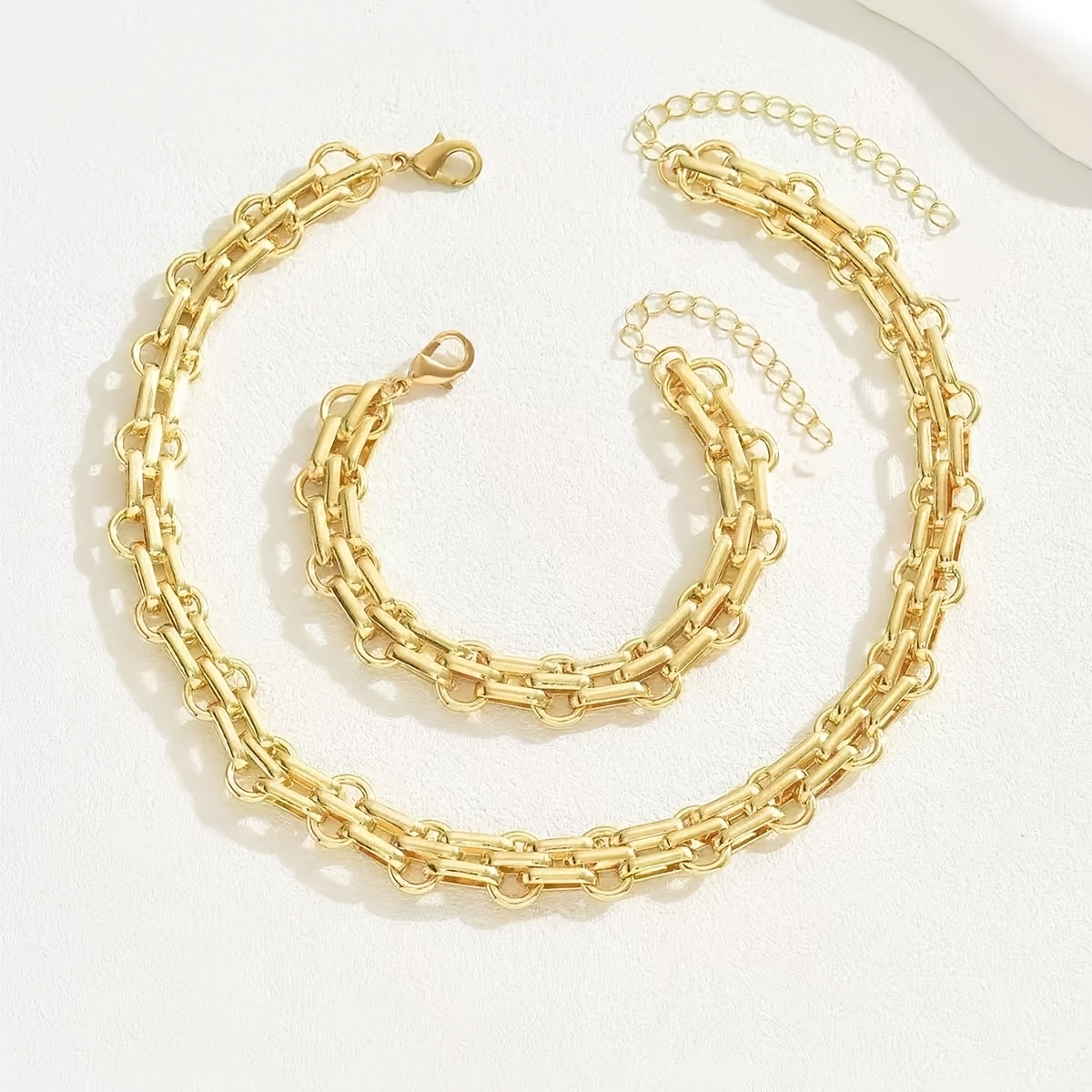 TEMU 2pcs Women's Party Vacation Wide Stainless Steel Loop Interlocking Chain Bracelet Necklace Set