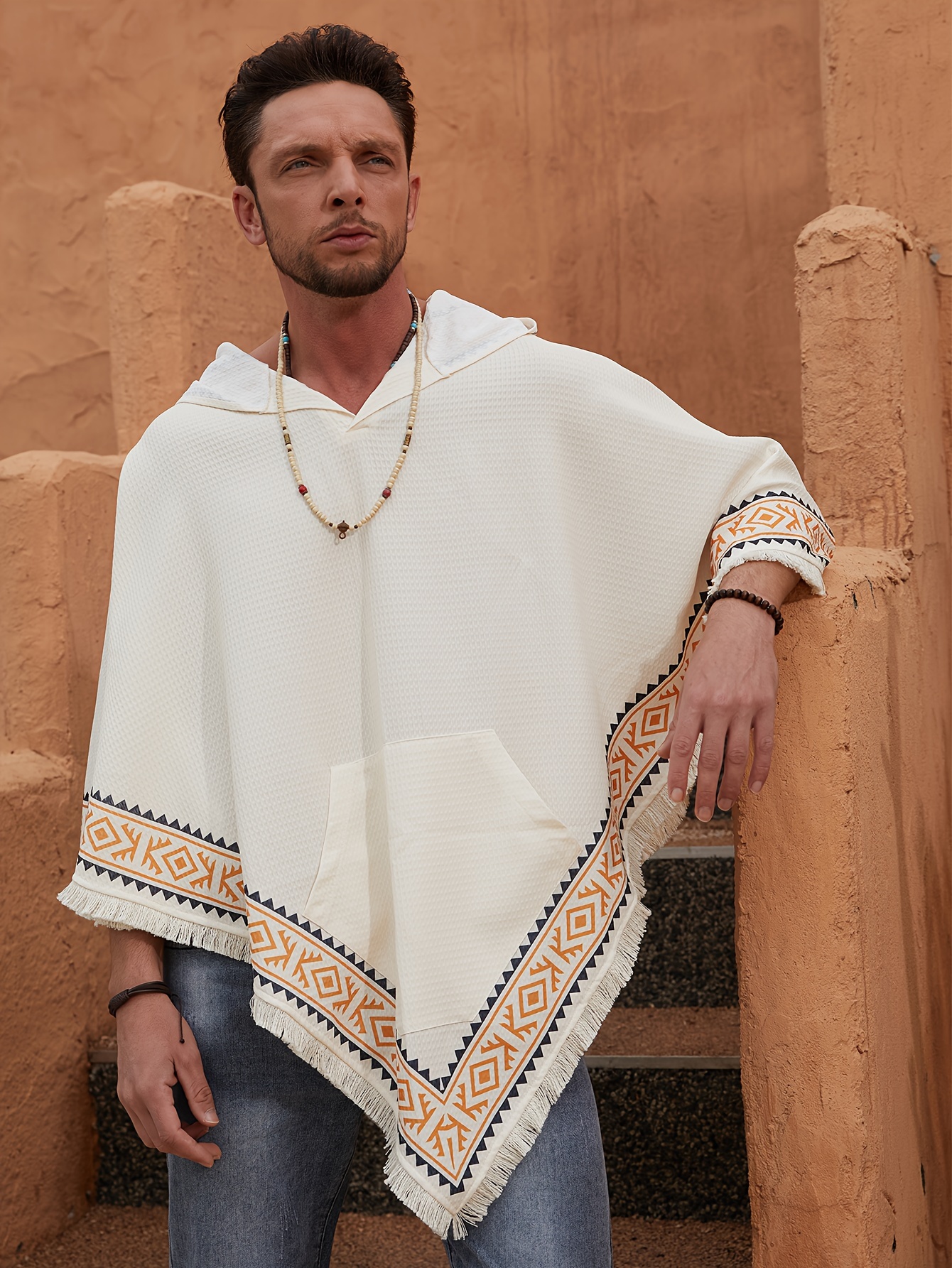 1pcs Mens Casual Hooded Poncho Ethnic Style Tribal Textured Cape