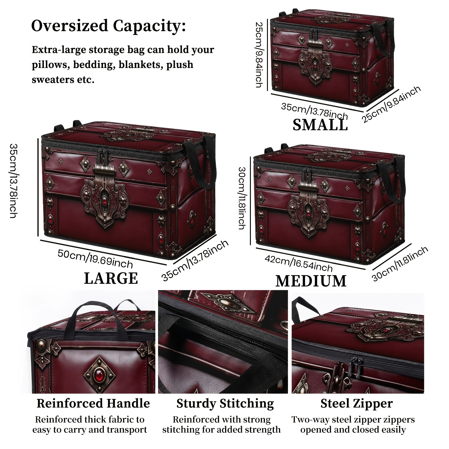 TEMU 1pc Burgundy Box Bag With Printed Pattern, Zipper And Handles, Storage Basket For Car Trunk, Office And Home Closet, Essential For Organization,