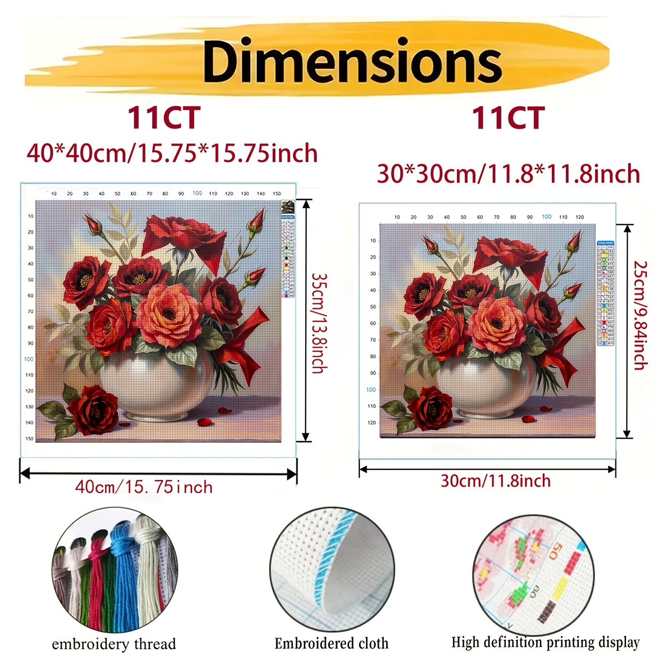 Cross Stitch Printed Kit, White Bottle Red Rose Floral Arrangement