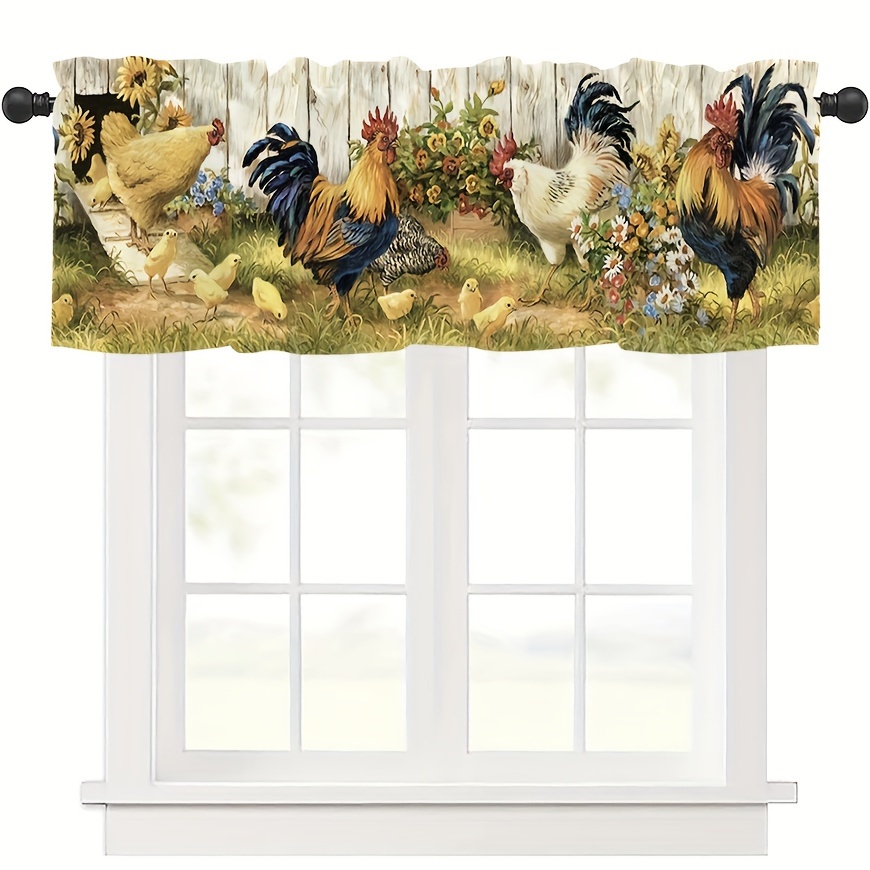 

1pc, Rooster Hen With Kids Kitchen Curtain Sink Bohemian Farmhouse Flower Leaf Small Window Treatment Coffee Shop Short Curtain Suitable For Living Room Bedroom Bathroom Layer Curtain