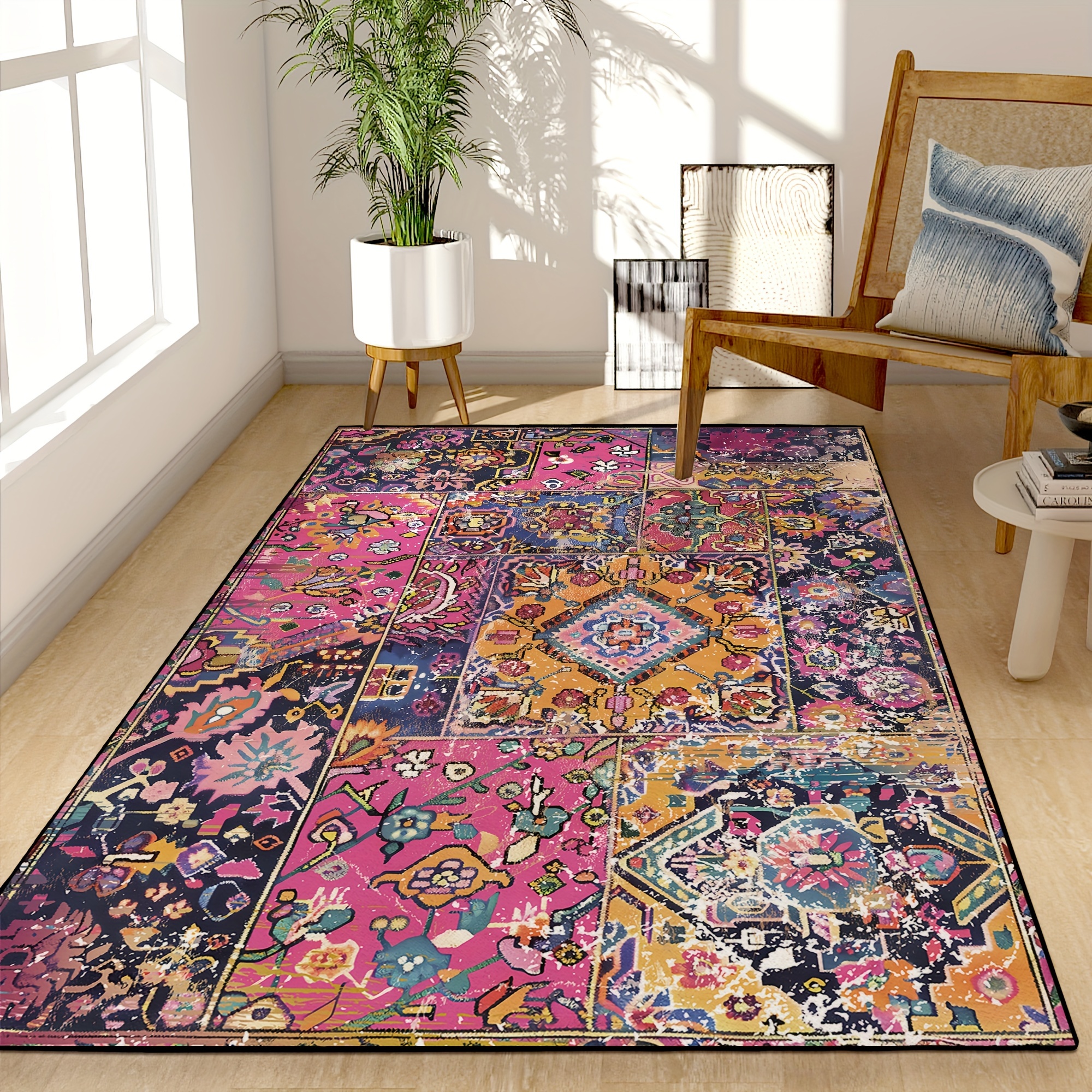 

Bohemian Vintage-inspired Area Rug - Soft, Non-slip Imitation Cashmere In Hot Pink & Yellow | Machine Washable For Living Room, Bedroom, Office Decor Machine Washable Rug Machine Washable Area Rug