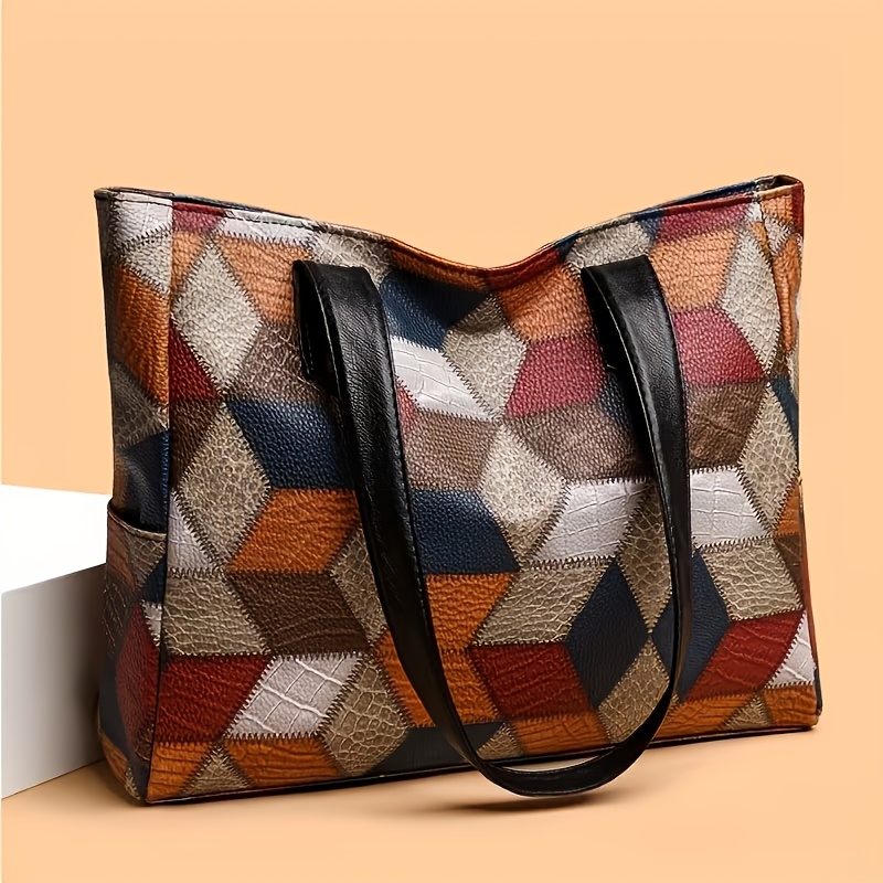 TEMU Women's Vintage Bohemian Shoulder Bag Large Capacity Checkered Shoulder/tote Bag Featuring A Zipper Closure And A Stylish Geometric Color-block