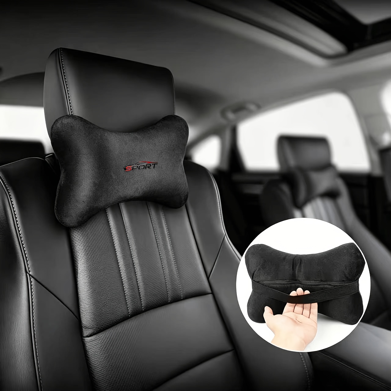 TEMU 1pc Black And Red Car Plush Headrest, Compact And Portable, Provides Head And Neck Support, Breathable And Comfortable For Relaxation, Suitable