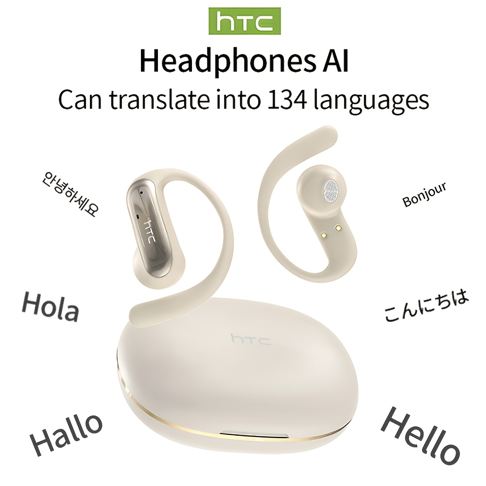 Htc Ne52 Ai Open-ear Wireless Translation Earbuds | Supports Real-time Translation Of 135 Languages, Latency, Long , , High-definition Surround Sound, Built-in Noise Cancellation, Ideal For Sports