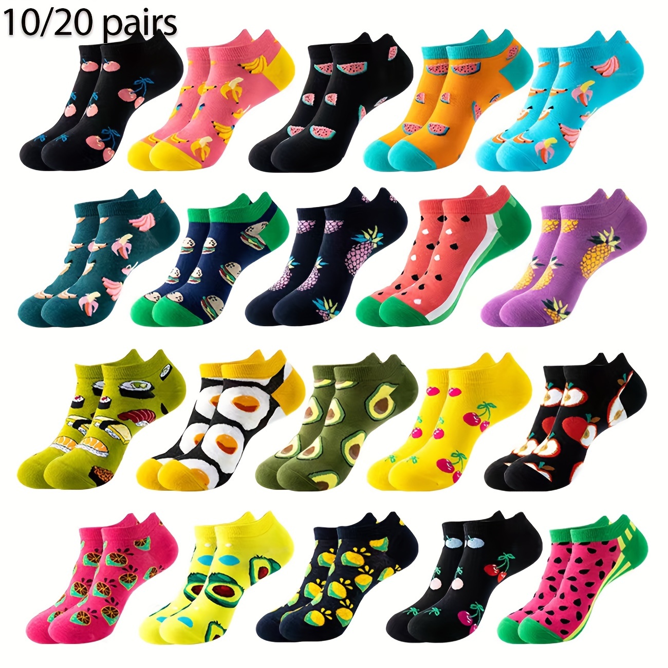 TEMU [customer Favorite] 10/20pcs Cute Avocado & Hamburger Print Ankle Socks For Teens - Breathable, Comfortable Polyester Blend, All