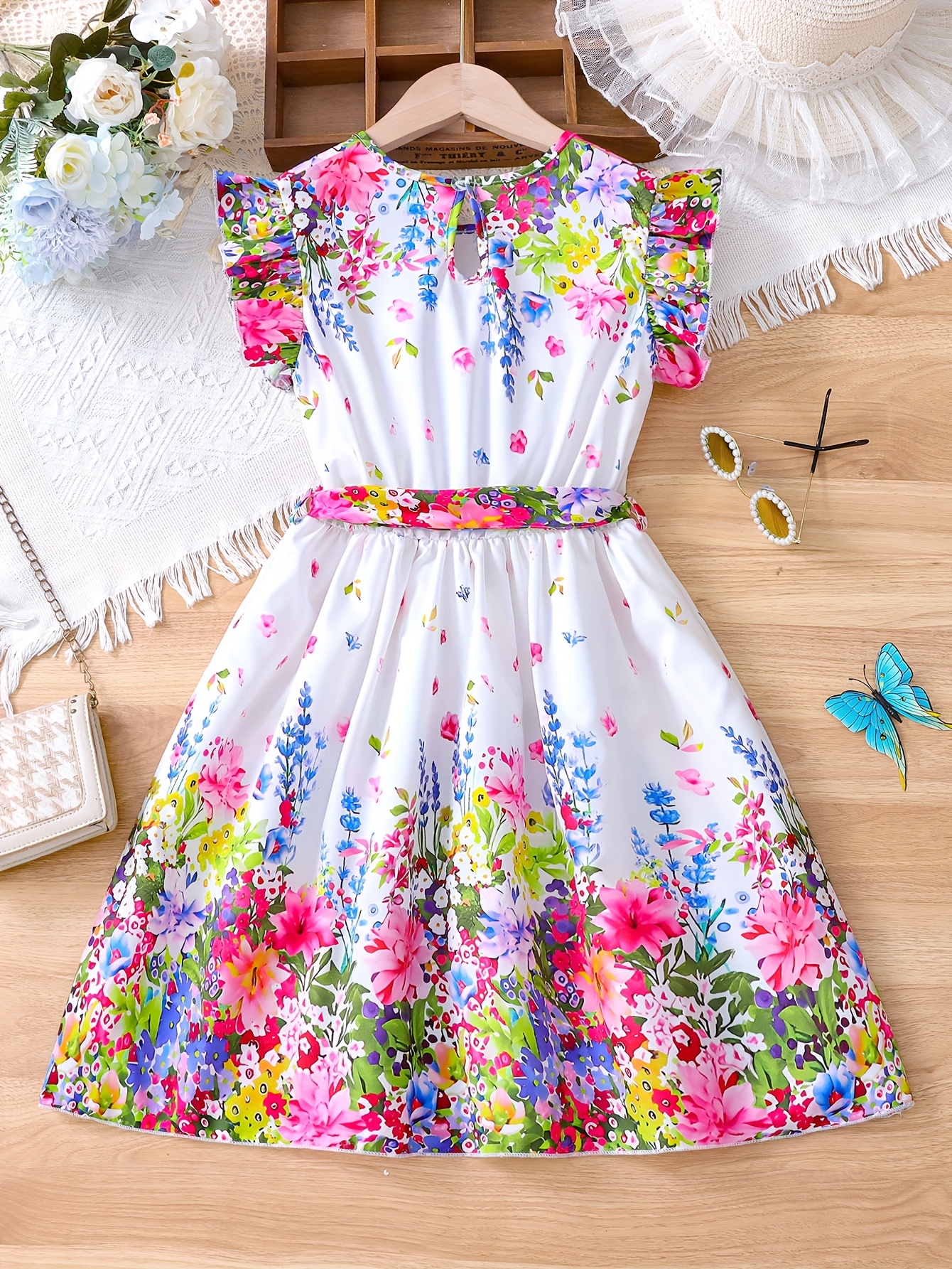 Girls' Summer A-Line Dress with Belt Puffed Short Sleeves Smock Dress  for Beach, Picnic, Party Machine Washable Non-Stretch Summer Outfit for 