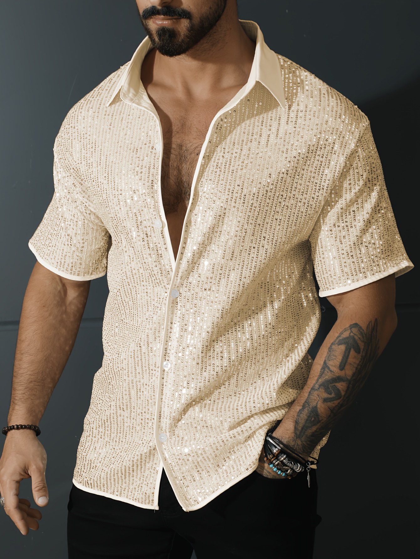 camisa manga corta lentejuelas hombre estilo retro tela Temu El