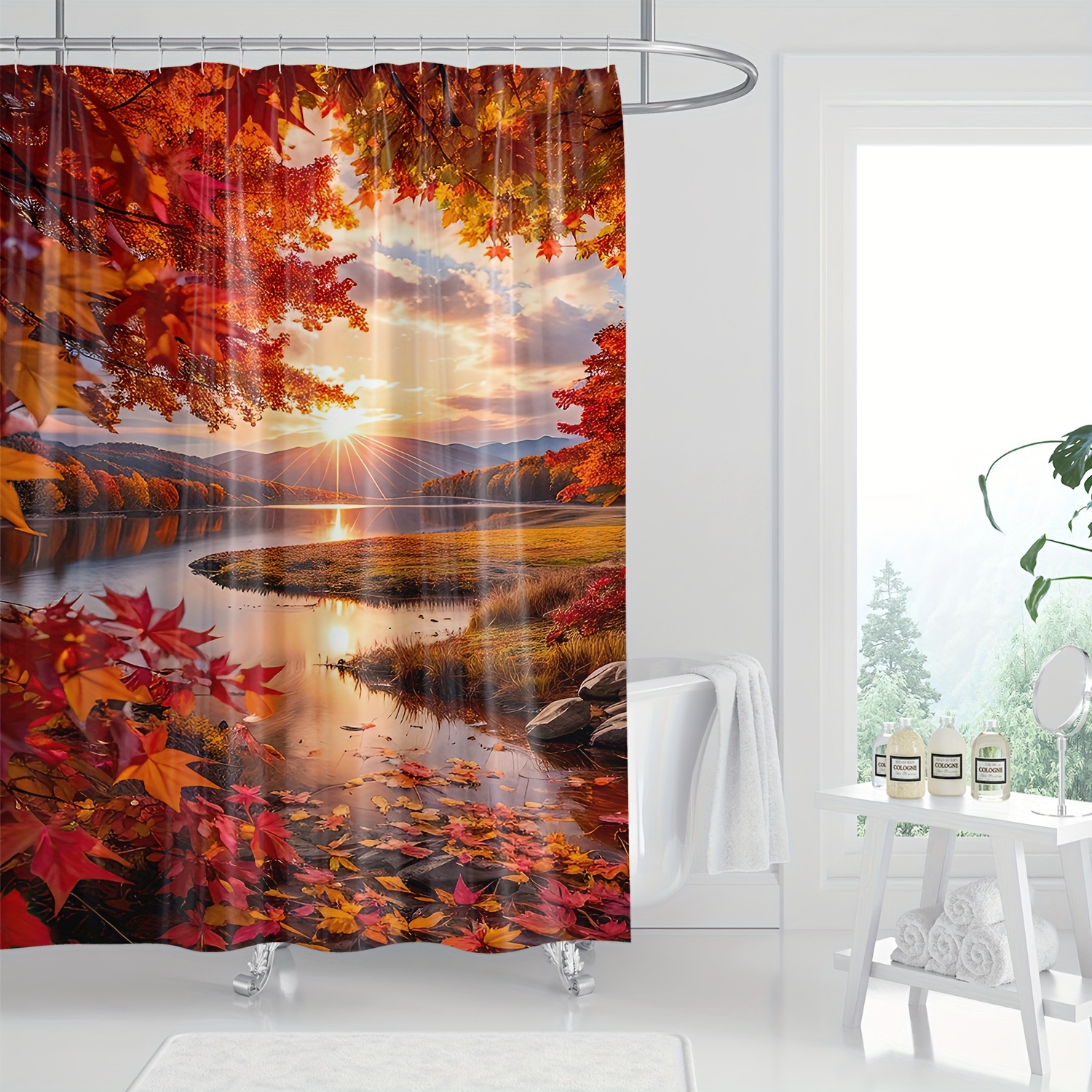 

1pc Autumn Sunset Lake With Red Maple Leaves, Digital Print Shower Curtain, Rustic Fall Bathroom Decor, Home Scenery Wall Art