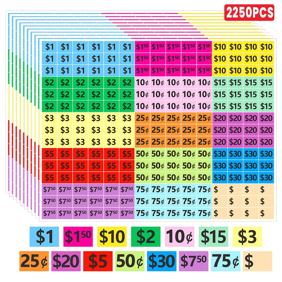 TEMU 1125/2250 autocollants d'étiquettes de prix colorés, avec un design de dollars et de centimes, adaptés à la fixation des prix en magasin, à la