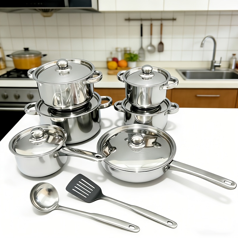TEMU 14pcs Stainless Steel Cooking Set, Featuring And 6 Lids, Along With Spatulas And Spoons. This Pot And Pan Collection Is Non-toxic And , Perfect