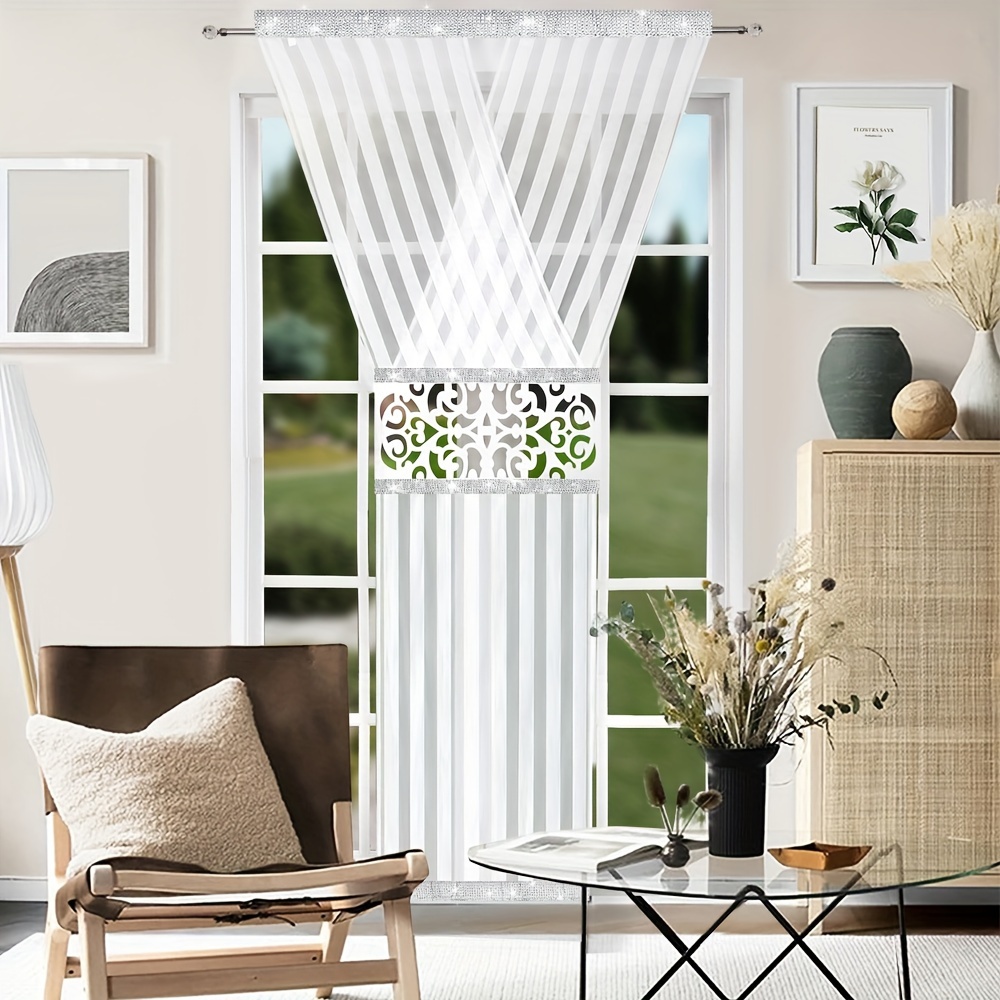 1 Set Striped Gauze Fabric With Carved Hollow-out Pattern And Rhinestone Embellishments For Kitchen, Bedroom, Living Room Window Curtains And Window Decoration