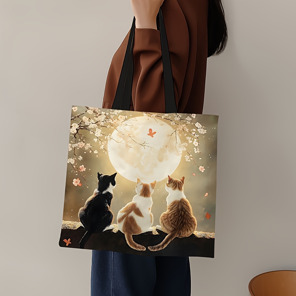 1pc Chic Kitten Print Tote Bag, At Night - Spacious And Durable, Perfect For Shopping And, Reusable Shopping Bag