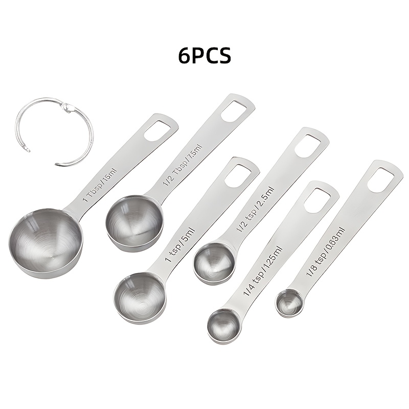 TEMU 6pcs Stainless Steel Measuring Spoon Set, Heavy Duty Dry And Wet Measuring Spoons With Metric And American Scale, Stackable For Liquids, And Powders, With Portable Hook - Kitchen Gadgets