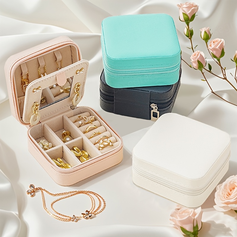 

1pc Small Jewelry Box With Mirror, Mini Travel Portable Jewelry Organizer, -layer Jewelry Zipper Storage Box, Multi Compartments Jewelry Box Jewelry Boxes