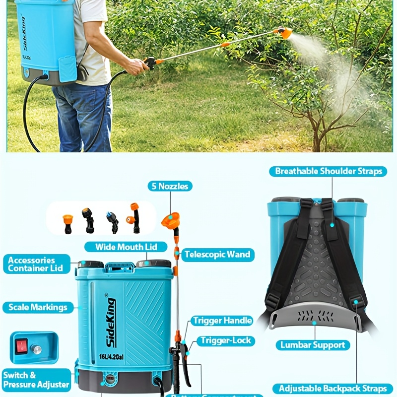  4 加仑电动背包喷雾器，带 5 个喷嘴，可调压力 0- psi，持久 18v 2.6ah 电池，广口盖，适用于花园、草坪和清洁 - 轻巧高效设计，电池供电喷雾器 详情 1