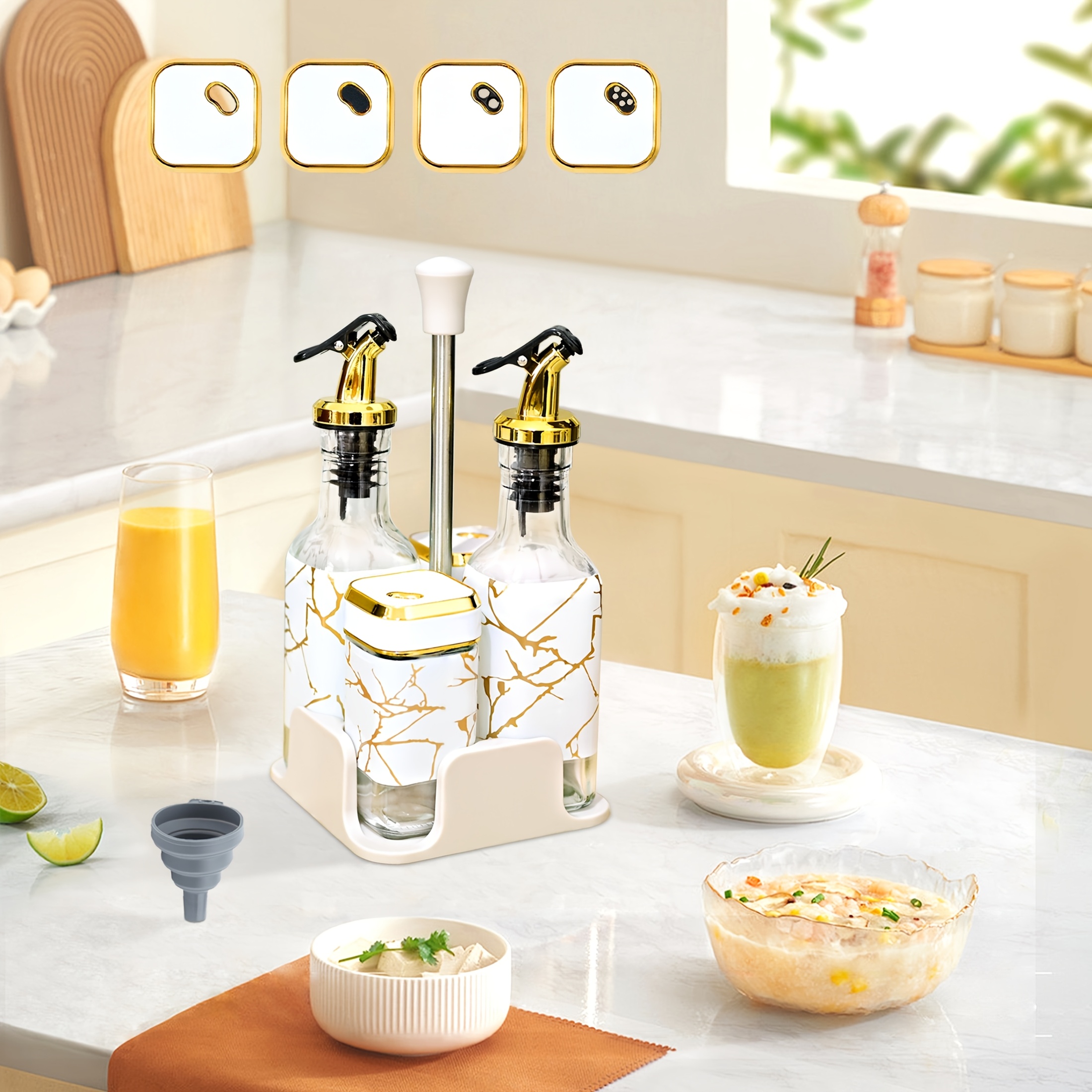 Image of A Kitchen Seasoning Set With Glass Material With Golden Press Nozzles, Showcasing Luxury Texture. Including An Oil Pot And Seasoning Jar, With A Storage Rack, Style And To Cooking.