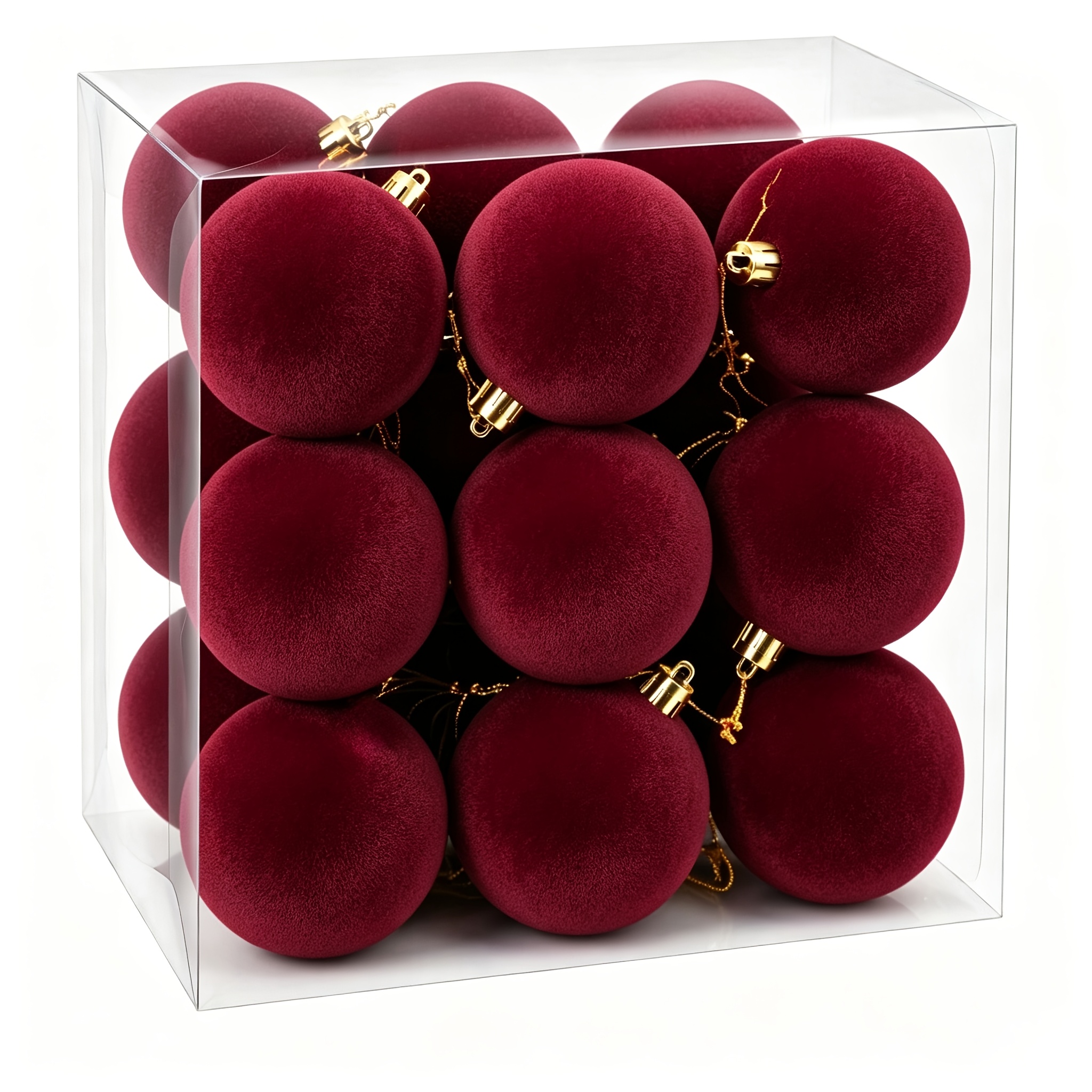 item picture 18 pack burgundy flocked christmas ball ornaments 6cm shatterproof velvet texture hanging baubles with pre attached strings for farmhouse xmas tree wreath   decor