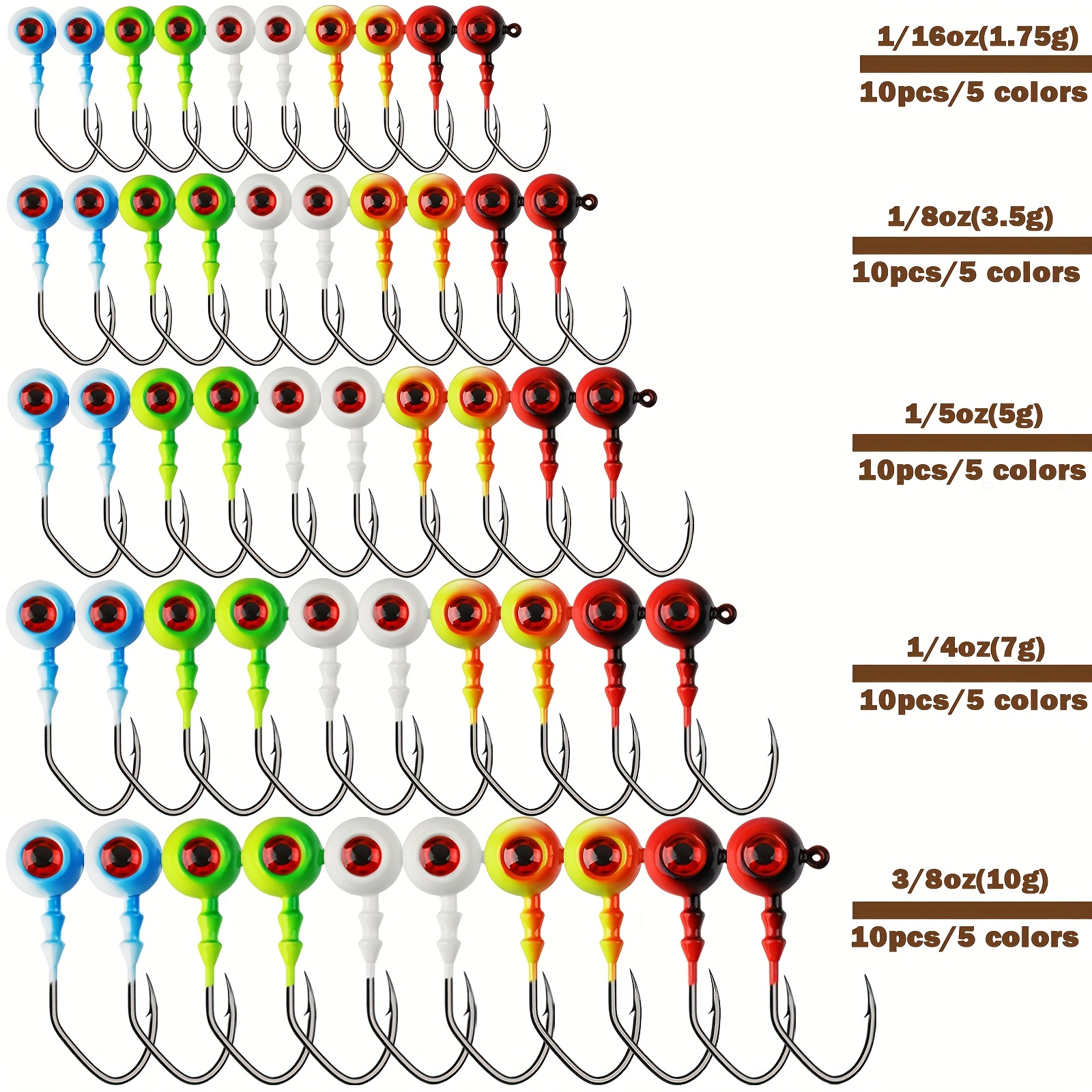 TEMU 50pcs Dovesun Crappie Jig Heads Kit With Wired Bait Keeper - 5-size Assorted Round Fishing Jig Heads Suitable For Panfish, Saltwater &