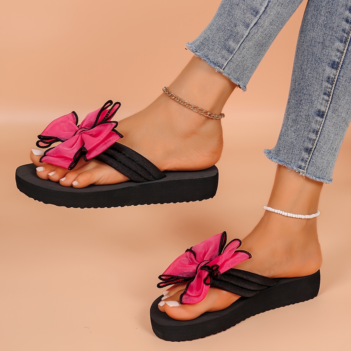 womens 3cm thick platform flip flops pink floral bows Temu Pakistan