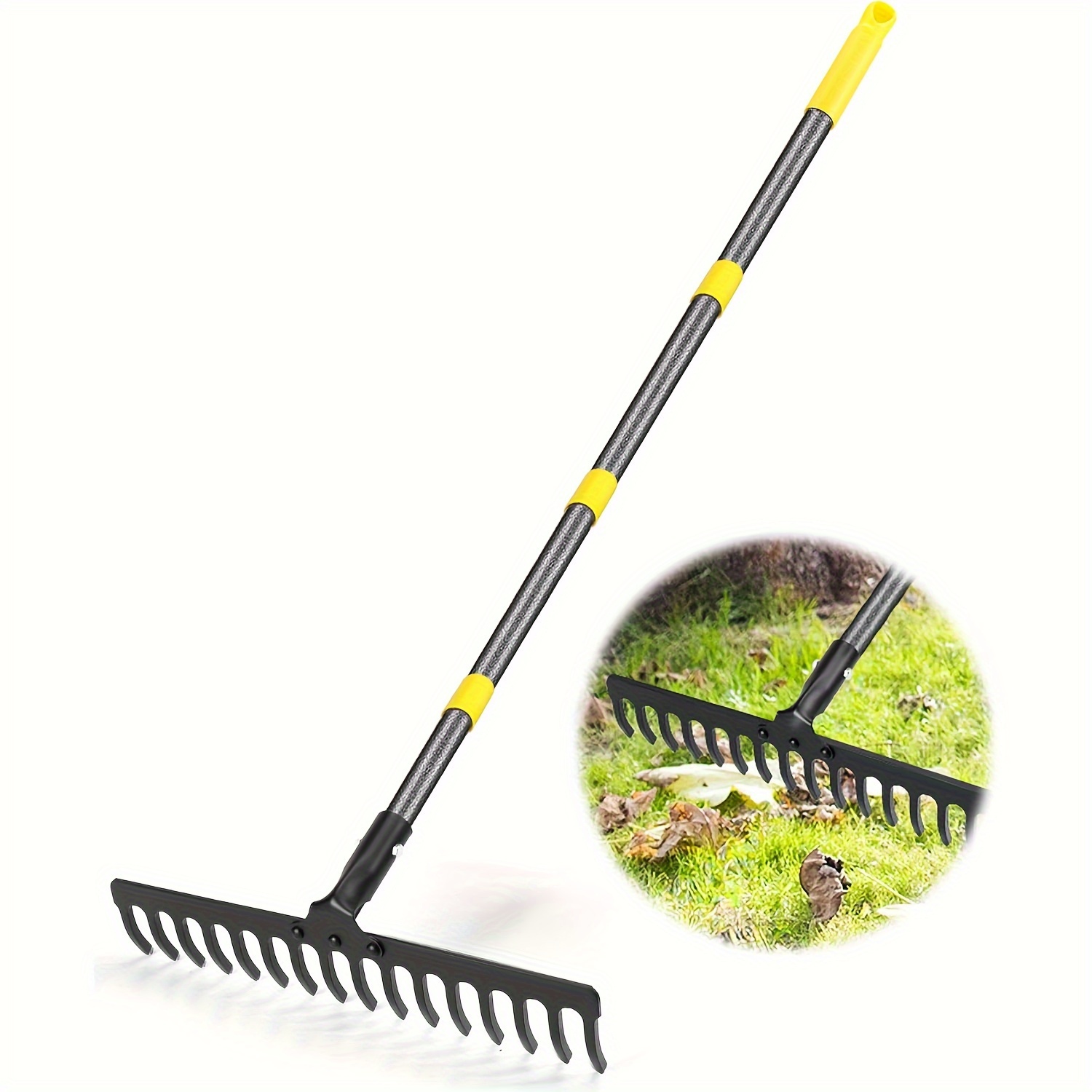 Image of Garden Leaf Rakes 5.25 Ft Rake For Lawns Heavy Duty Metal Rakes, 16 Steel With Adjustable Handle, Bow Rakes For Leaves, Gathering Shrub, Leveling Grass, Flower Beds, Yards